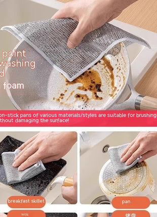 Person cleaning a frying pan with a mesh scrubber, with text about dishwashing liquid and pan types.