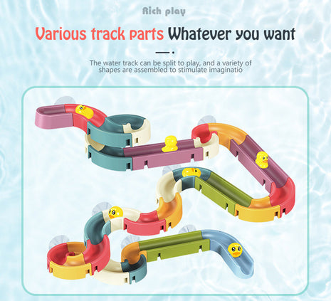 Colorful track parts for a water track toy on a light blue background