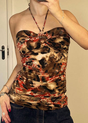 Retro Printed Backless Halter Vest