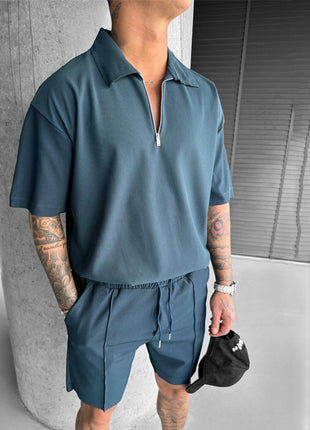 New Zipper Polo Casual Short Sleeve Drawstring Shorts Set