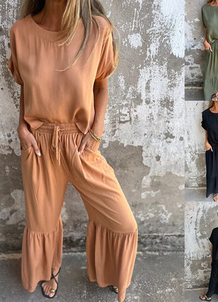 Short-sleeved Round Neck Pullover Top and Drawstring Wide-leg Pants Set