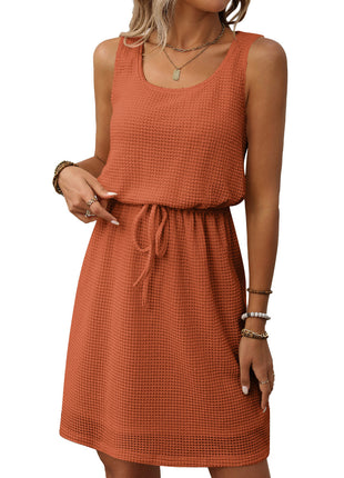 Square Collar Drawstring Sleeveless Vest Dress With Lining