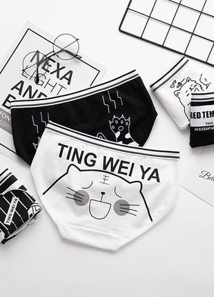 Black And White Cute Cartoon Mid Waist Sheath Breathable Underwear