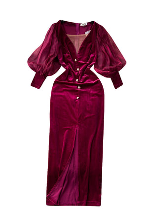 Vintage Velvet Luxury Lantern Sleeve Split Knee-length Dress