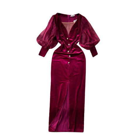 Vintage Velvet Luxury Lantern Sleeve Split Knee-length Dress