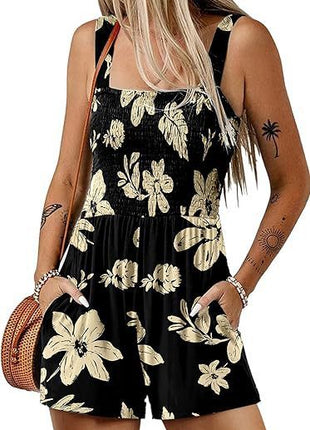 Casual Pleated Square Collar Sleeveless Loose Shorts Jumpsuit