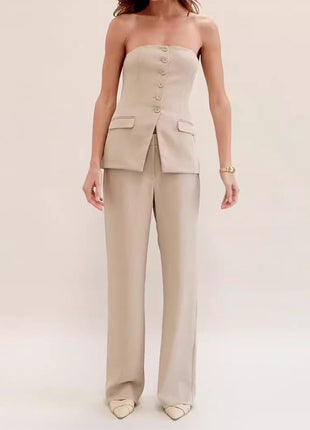 Graceful Sleeveless Tube Top Button and Long Trousers Set