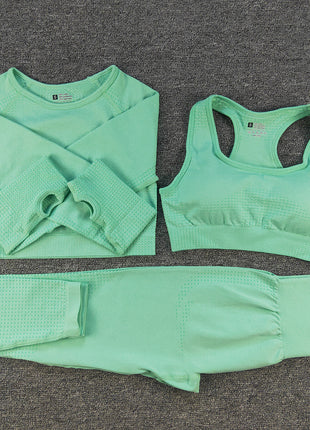Three-piece Bra, Long Sleeve Top and Trousers Yoga Suit