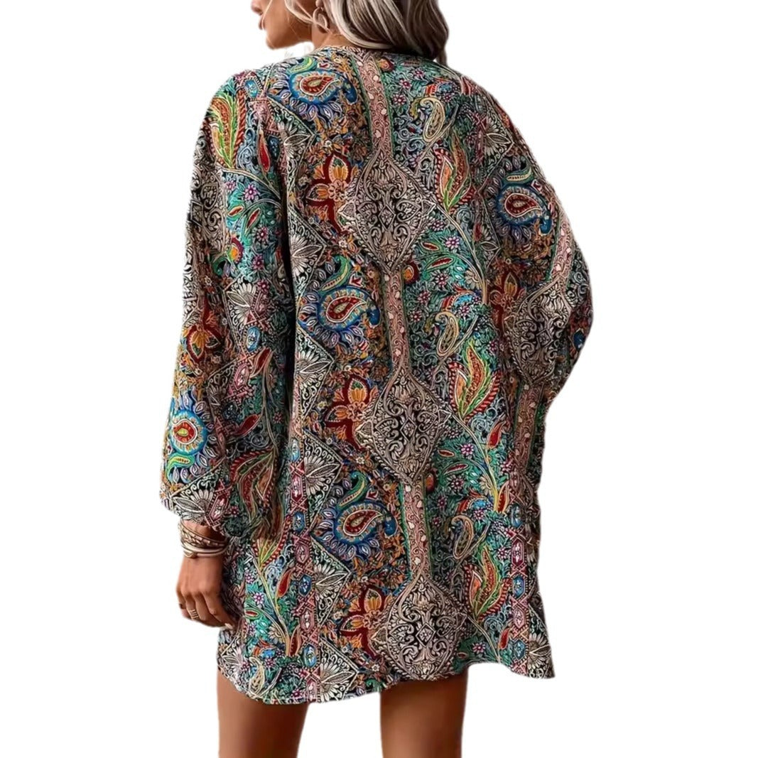 Ethnic Print Round Neck Shirt Bohemian Long Sleeve Shirt