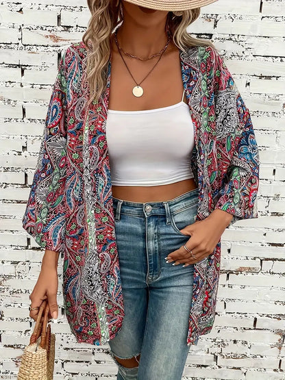 Ethnic Print Round Neck Shirt Bohemian Long Sleeve Shirt