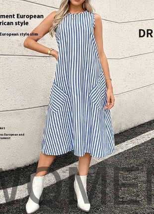 Round Neck with Pocket Striped Dress