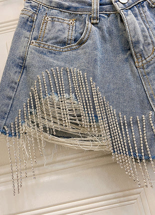 Fringed Chain Jeans High Waist Slim Beading Tide Shorts