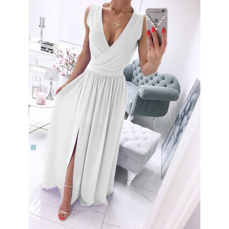 Sleeveless Ankle Skirt V-neck Front Split Dress