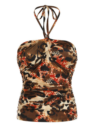 Retro Printed Backless Halter Vest