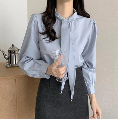 Korean Gentle Lace-up Bow Tie Design Puff Sleeve Shirt