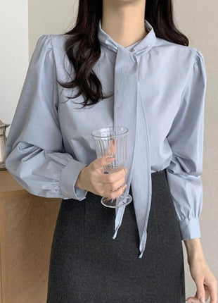 Korean Gentle Lace-up Bow Tie Puff Sleeve Shirt