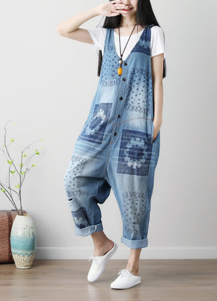 Sleeveless Washed Ripped Denim Suspender Overall