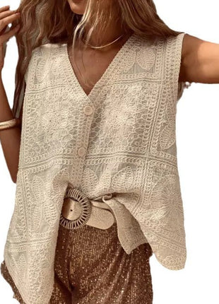 Cotton V-neck Lace Embroidered Buckle Cardigan