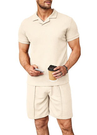 Summer New Waffle V-neck Polo Shirt Suit