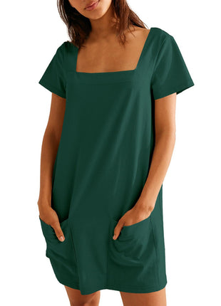 Square Collar Short Sleeve Short Skirt Pocket Dress