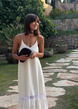 V-neck Sling Lace Patchwork Long Dress