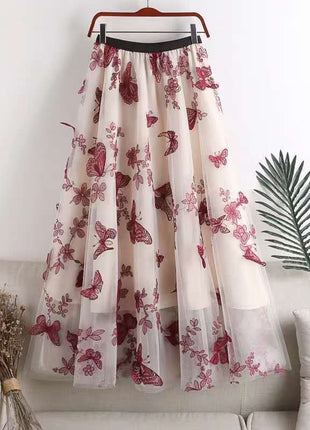 Embroidered Bow Lace Mesh Mid-length Skirt