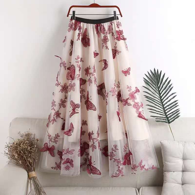 Embroidered Bow Lace Mesh Mid-length Skirt