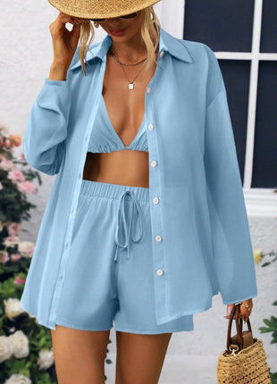 Transparent Long Sleeved Shirt Short Pants and Bra Three Piece Set