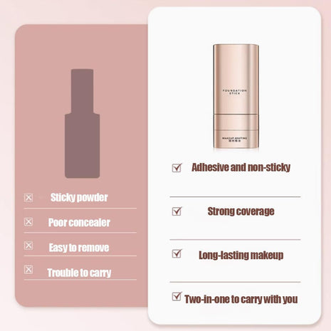 Product card with foundation stick and list of features on a pink background