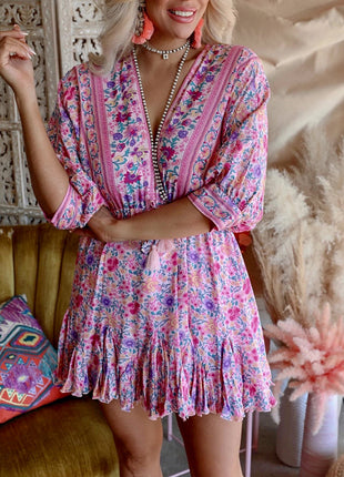 Floral V-neck Sleeves Irregular Dress
