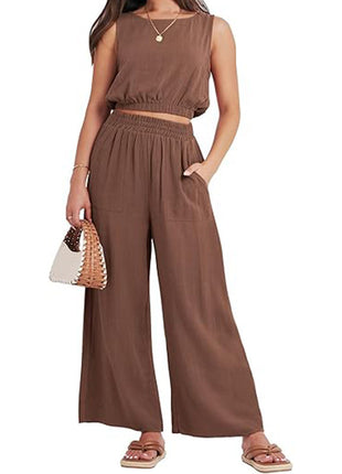 Round Neck Sleeveless Lower Hem High Waist Wide Leg Two-piece Set