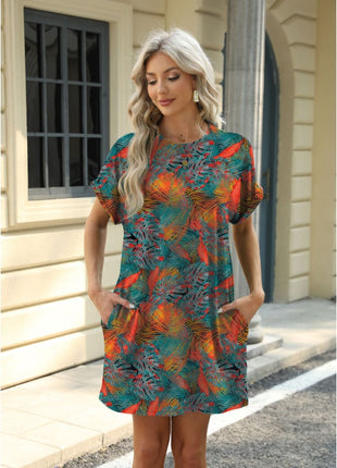 Loose Crew Neck Short Sleeve Pocket Dress