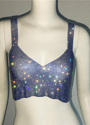 Deep V nick Rhinestone Metal Camisole Split Short Top