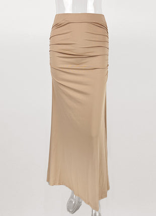 Stretch Silk Slim Hip Pleated Wide Hem Long Skirt