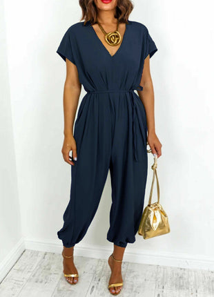 V-neck Lace-up Waist Wide Leg Jumpsuit