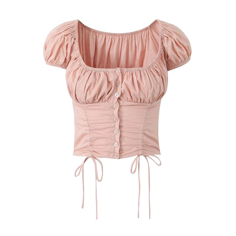 Drawstring Lace Shell Button Short Top