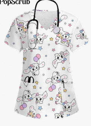 Vibrant Print Scrub Top Casual V-Neck Short Sleeve