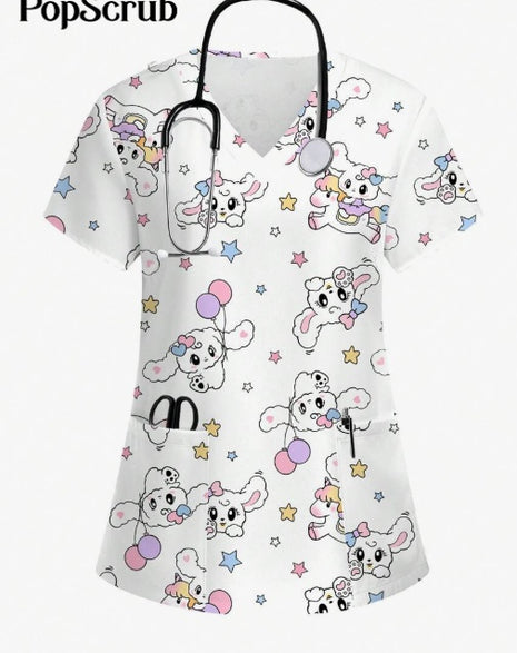 Vibrant Print Scrub Top Casual V-Neck Short Sleeve