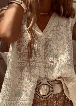 Cotton V-neck Lace Embroidered Buckle Cardigan