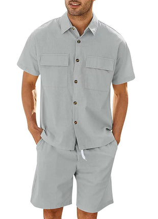 Cotton Short Sleeve Pockets Shirt And Drawstring Shorts Set