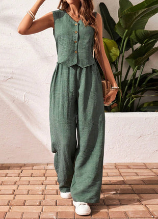 Front Button Sleeveless Blouse And Long Pants Casual Suit Set