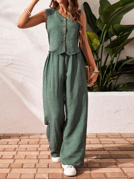 Front Button Sleeveless Blouse And Long Pants Casual Suit Set
