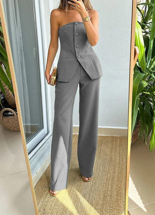 Graceful Sleeveless Tube Top Button and Long Trousers Set