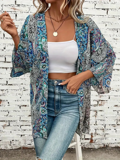 Ethnic Print Round Neck Shirt Bohemian Long Sleeve Shirt