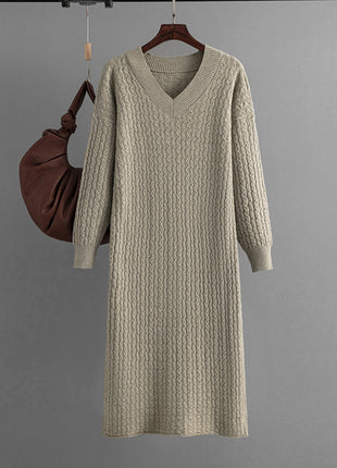 V-Neck Knitted Long Sweater with Back Slit