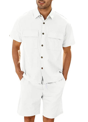 Cotton Short Sleeve Pockets Shirt And Drawstring Shorts Set