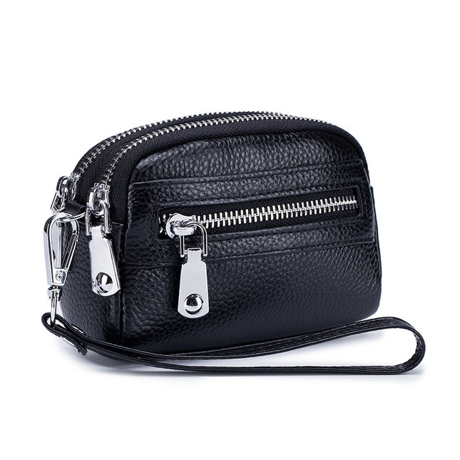 First Layer Cowhide Double Zipper Coin Clutch