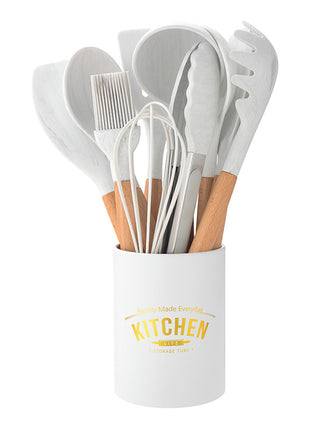 White Silicone Marbled Wooden Handle Kitchenware Set of 11