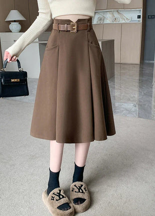 Woolen Mid-Length High Waist Skirt