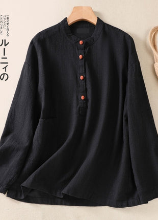 Cotton And Linen Japanese Autumn Artistic Stand-up Collar Buckle Pullover Shirt